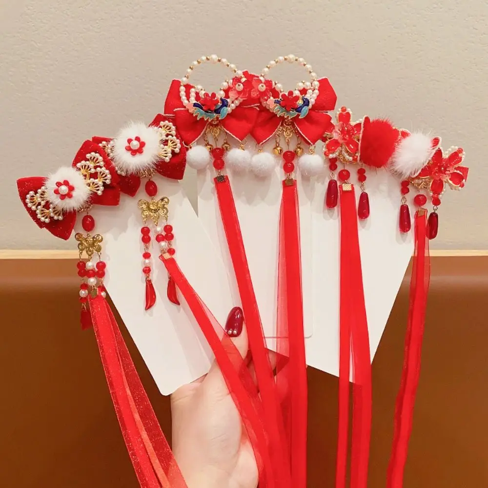 Ribbon Red Bow Hair Clip New Year Head Wear Plush Ball Hairpin Fringe Tang Suit Hair Clip Princess Forehead Chain Decoration