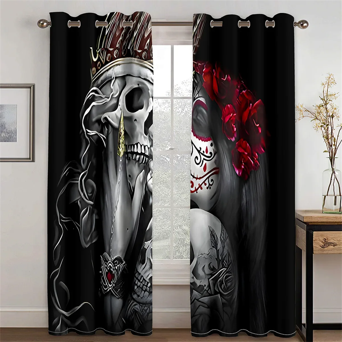 Skeleton Couple Kiss Scary Halloween Two Drape Cheap Thin Window Curtains for Living Room Bedroom Decor 2 Pieces Free Shipping