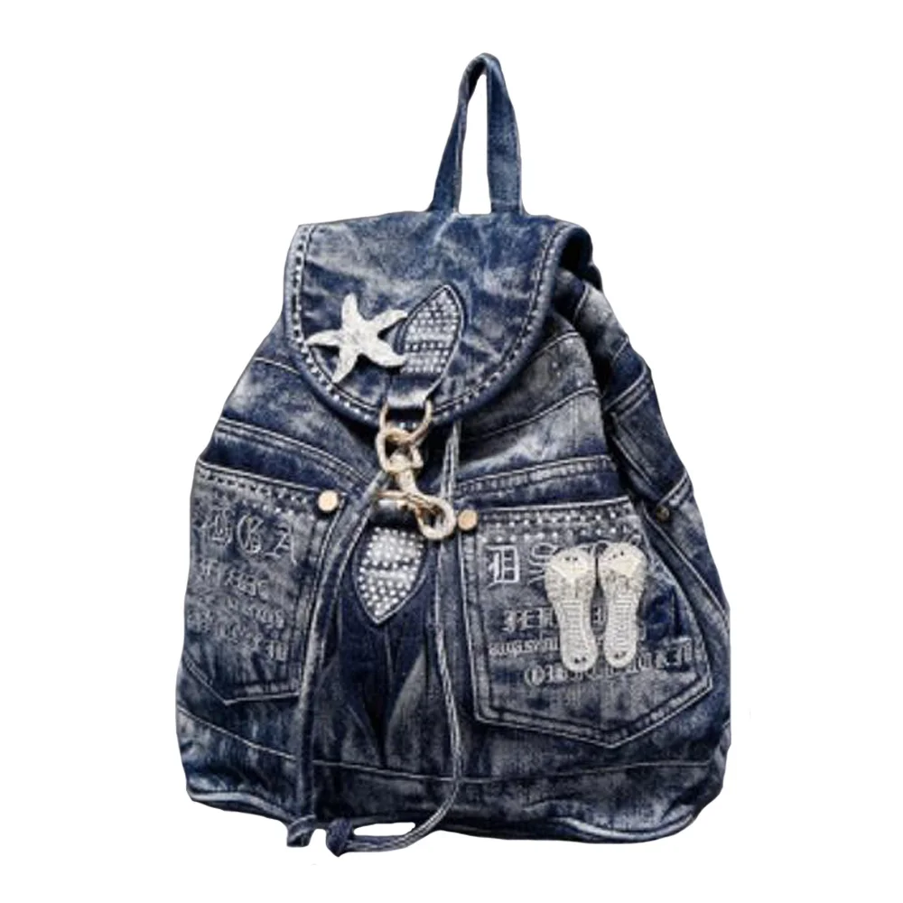 New Denim Backpack Korean Version Retro Diamond Denim Bag Street Personality Trend Ladies Solid Color Drawstring Lock Backpacks