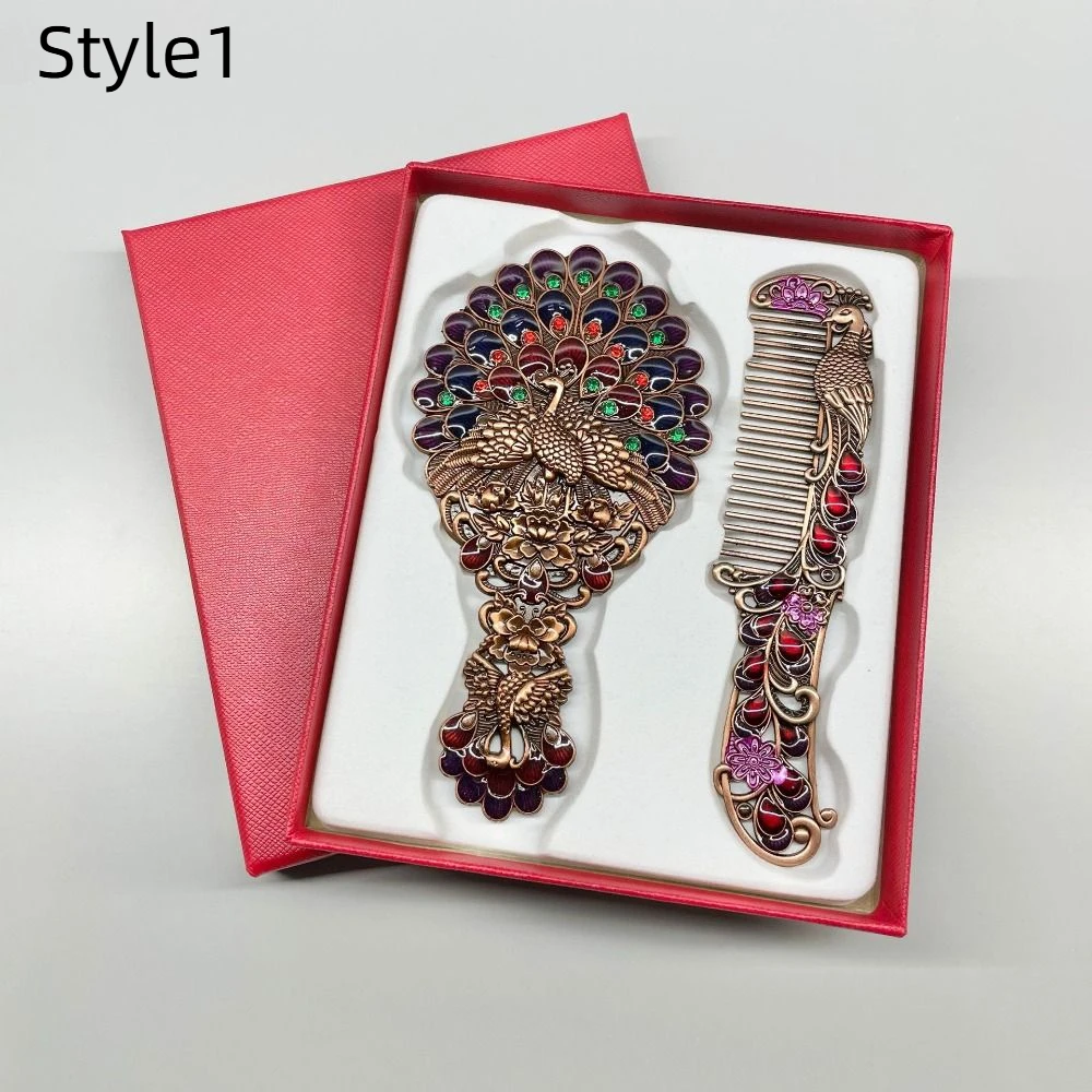 Draagbare pauw make-upspiegel kamset Handbediende vintage prinses make-upspiegel Carving Strass reliëf make-upspiegel