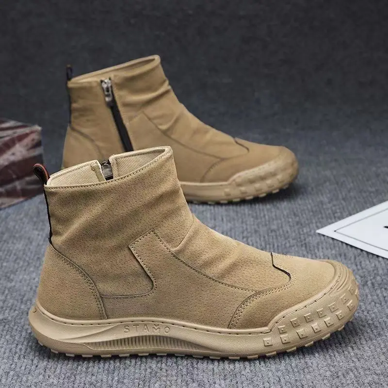 Botas casuais de couro de cano alto masculinas, sola macia, antiderrapante, mais quente, zíperes, trabalho, ferramental, algodão, outono, inverno, novas