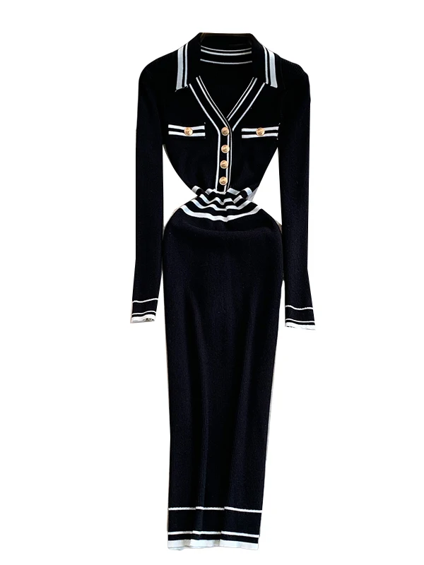 Coreano sle v-ne malha dr feminino outono inverno listrado cintura-concha camada base tubo reto saia faionable