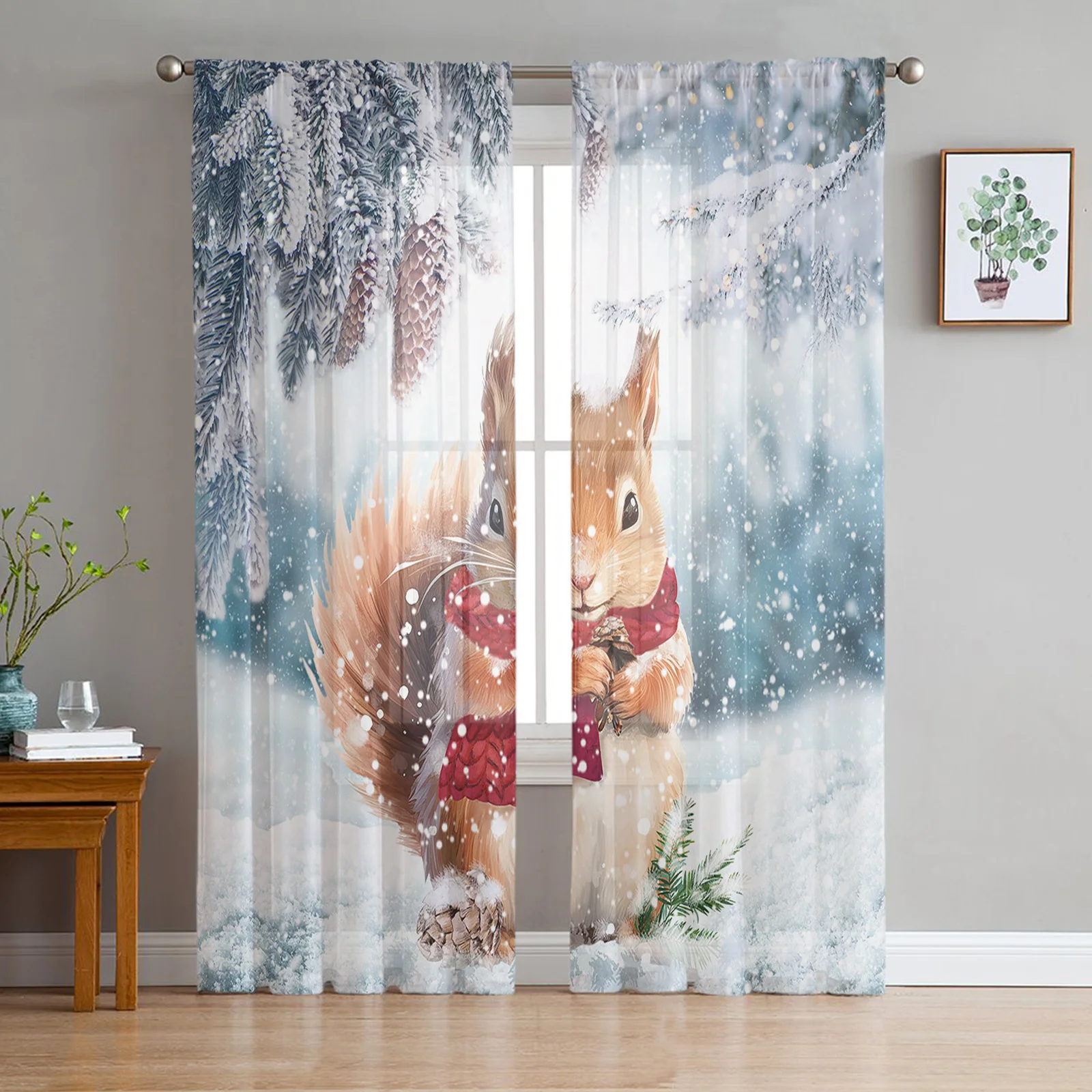 Winter Snow Pine Cone Squirrel Chiffon Sheer Curtains for Living Room Bedroom Kitchen Decoration Window Voiles Tulle Curtain