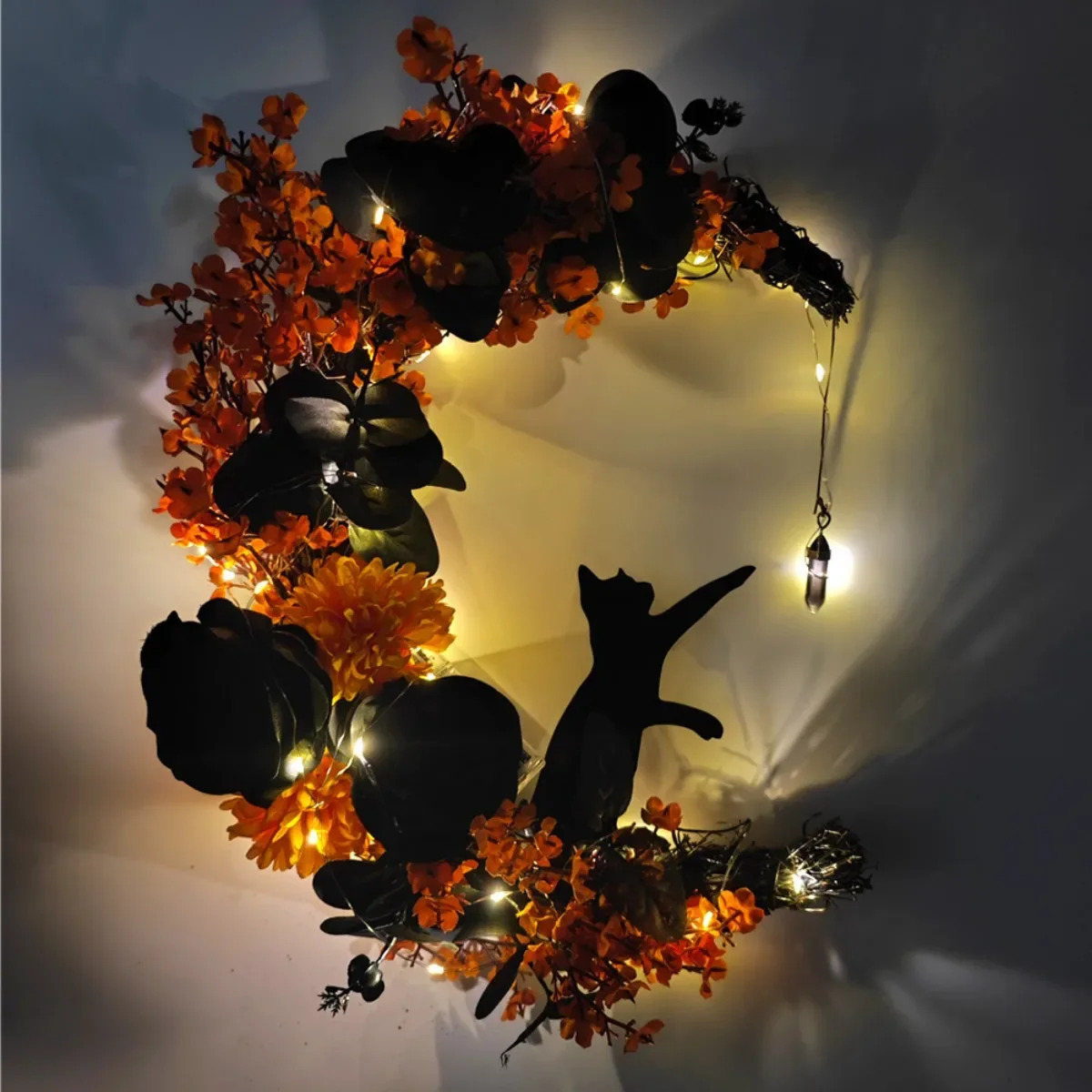 

Halloween Black Branch Wreath Signs for Front Door with String Light, Handcrafted Halloween Horror Wreath for Party Window Decor