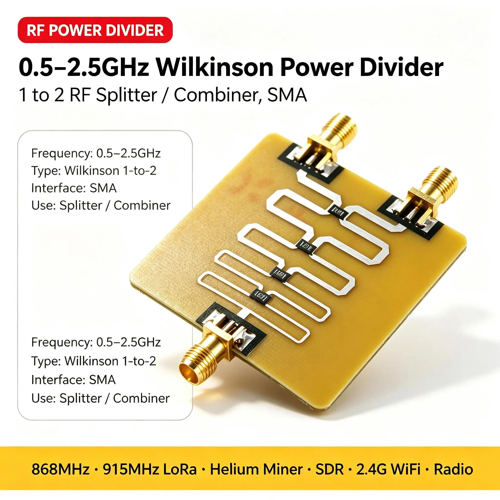DYKB Wilkinson Power Divider 0.5-2.5GHz SMA 1:2 Splitter Combiner Low Loss High Isolation 868M 915M LORA Helium Miner SDR Module