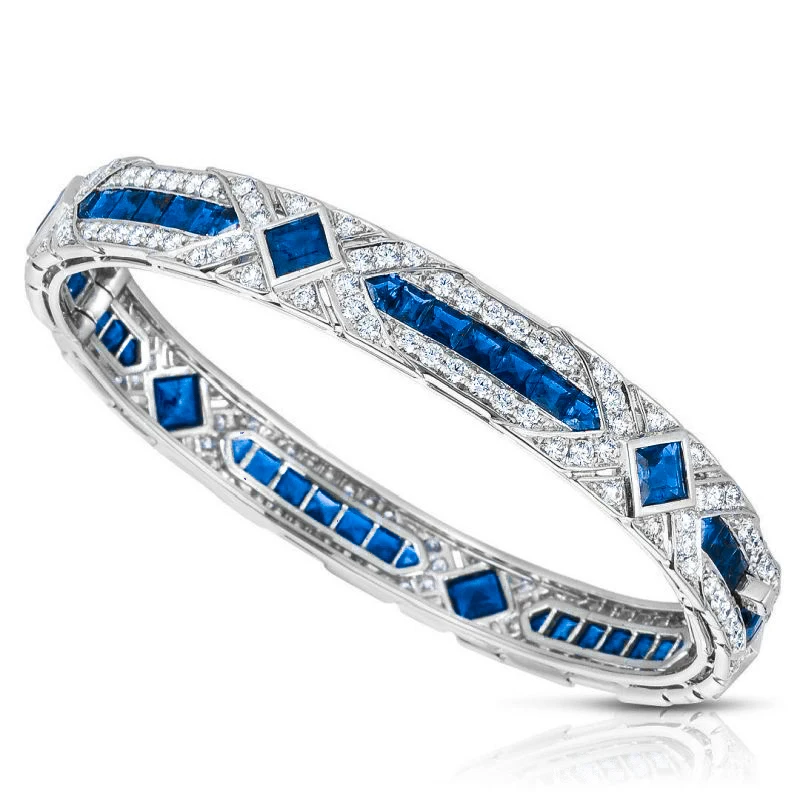 Vintage 925 Sterling Silver Bracelet Artificial Princess Cut Artificial Sapphire Art Deco Fine Jewelry for Women's Birthday Gift