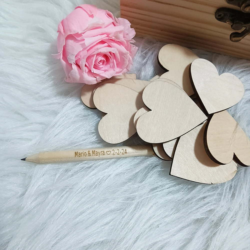 Personalized Wedding Guest Book with Hearts,Rustic Keepsake,Wedding Attendance Book, Custom Engraved Name Date Wooden Guest Book