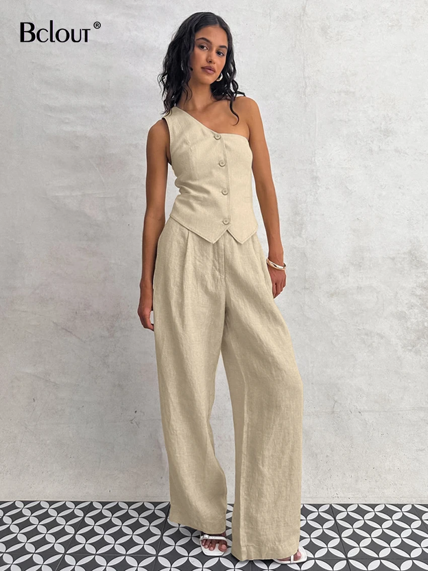 

Bclout Summer Linen Khaki Pants Sets 2 Pieces Women 2024 Fashion Sexy Asymmetry Slim Tops Casual High Waist Wide Leg Pants Suits