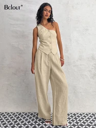 Bclout Summer Linen Khaki Pants Sets 2 Pieces Women 2024 Fashion Sexy Asymmetry Slim Tops Casual High Waist Wide Leg Pants Suits