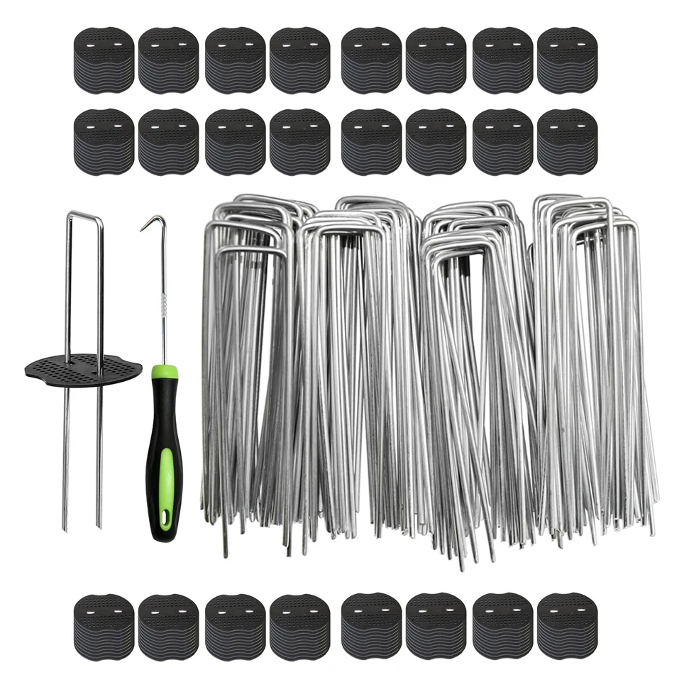 

10Pcs u shaped ground pegs, Garden Stakes Staples and Gasket+1pcs pick hook,Heavy Duty Yard Ground Pin for Weed Barri