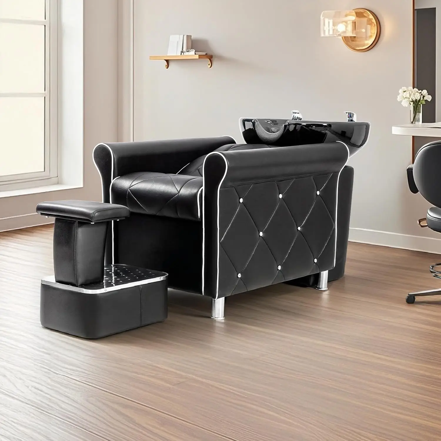 Commercial Porcelain Shampoo Backwash Unit with Footrest & Vacuum Breaker for Salon Barbershop Spa, Customized