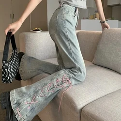 MEXZT Y2K Jeans a vita alta donna Vintage fasciatura fessura Slim Flare Denim pantaloni donna coreano Streetwear pantaloni Casual a gamba larga