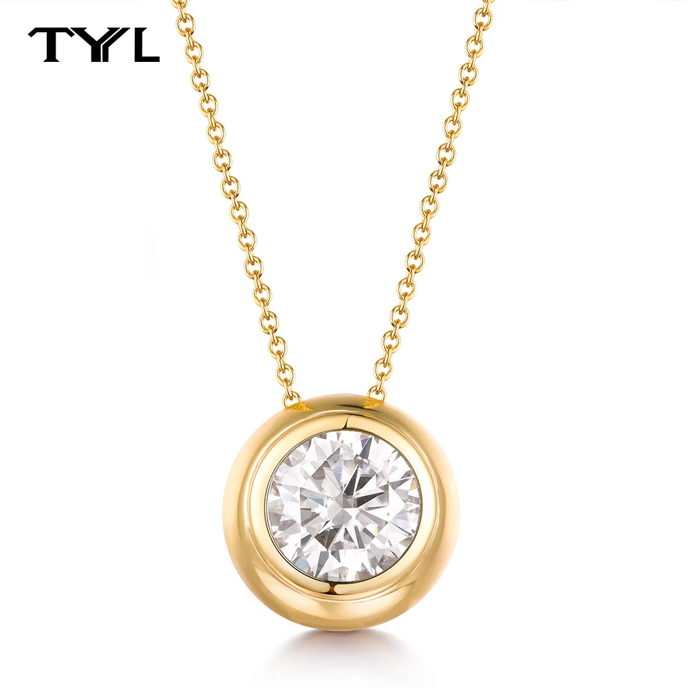 

TYYL 14k Gold Plated Round Moisanite Pendant Necklace 1ct 2ct D Color VVS1 Real 925 Silver Chain Jewelry For Women Wedding Gift