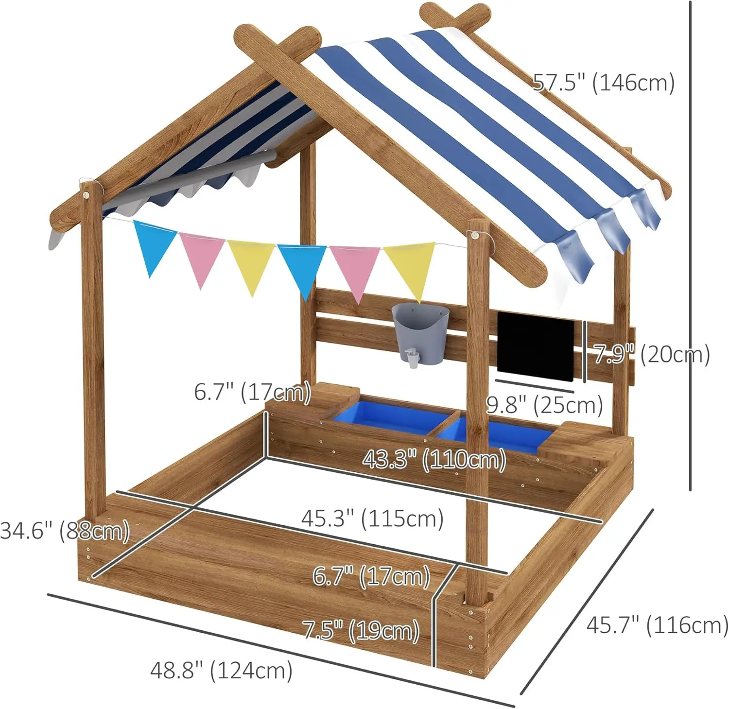 صندوق رمل خشبي مع مظلة للأطفال ، حفرة رمل مع بطانة ، سبورة ، حوض ، مجموعة ألعاب ، أعلام ، تصميم منزل ، رمل خارجي لمدة 3 إلى 7 سنوات