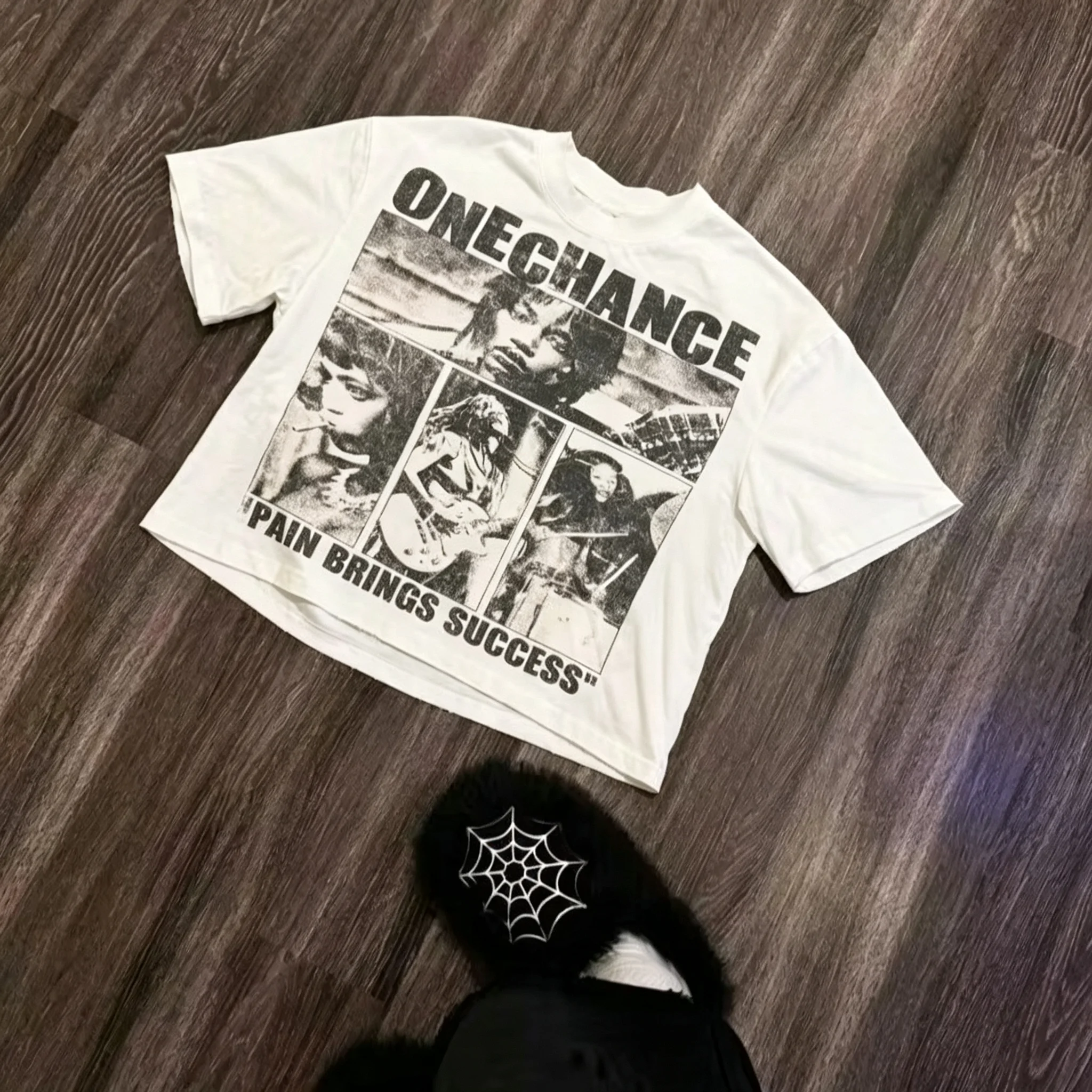 Parent‑Child Matching Oversize T‑Shirt Retro Grunge Band‑Style Collage Portrait Motivational Slogan Front Print Streetwear Tee