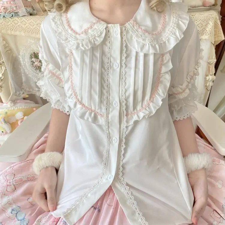 

SOIOMES оригинальный топ в стиле Лолиты, белая рубашка в стиле Лолиты с короткими рукавами и милым бантом