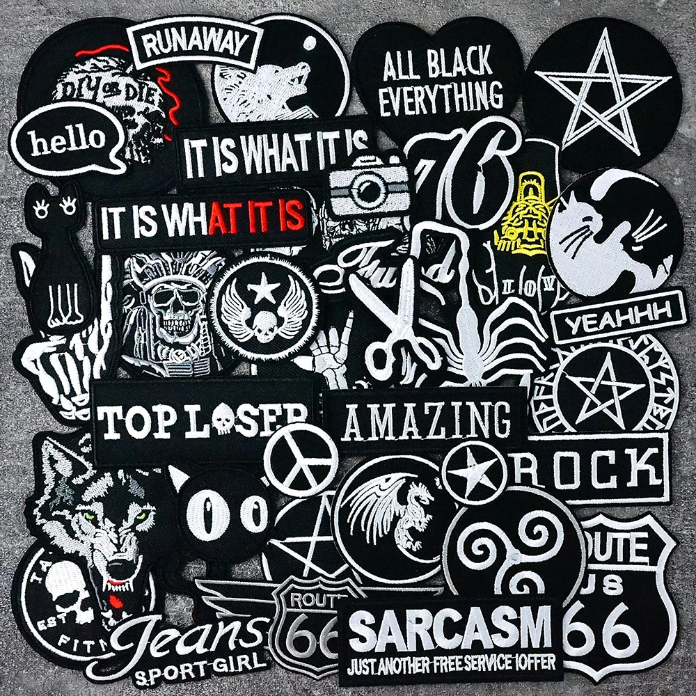 Black and White Iron on Patches Clothe Embroidery Patch Applique Ironing Sewing Supplies Decorative Badges Personality Character