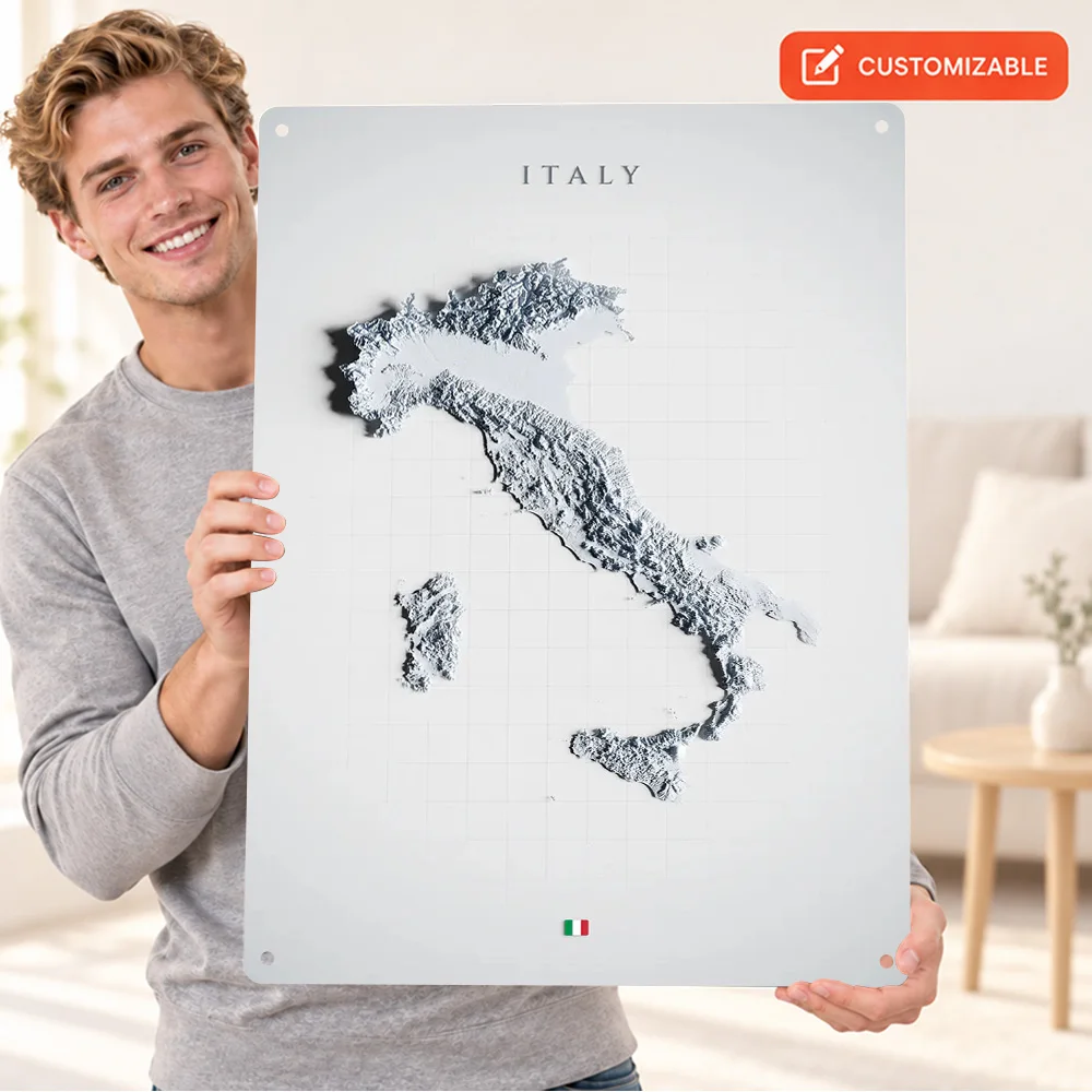 Italy Terrain Map Textured Metal Poster Personalized Aluminum Sign White Relief Effect Wall Art For Hallway Travel Lover Gift