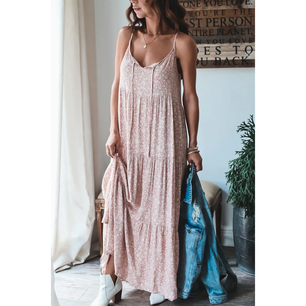 Mulheres sem mangas novo sexy sem mangas em camadas rendas vestido longo solto vestido floral moda verão