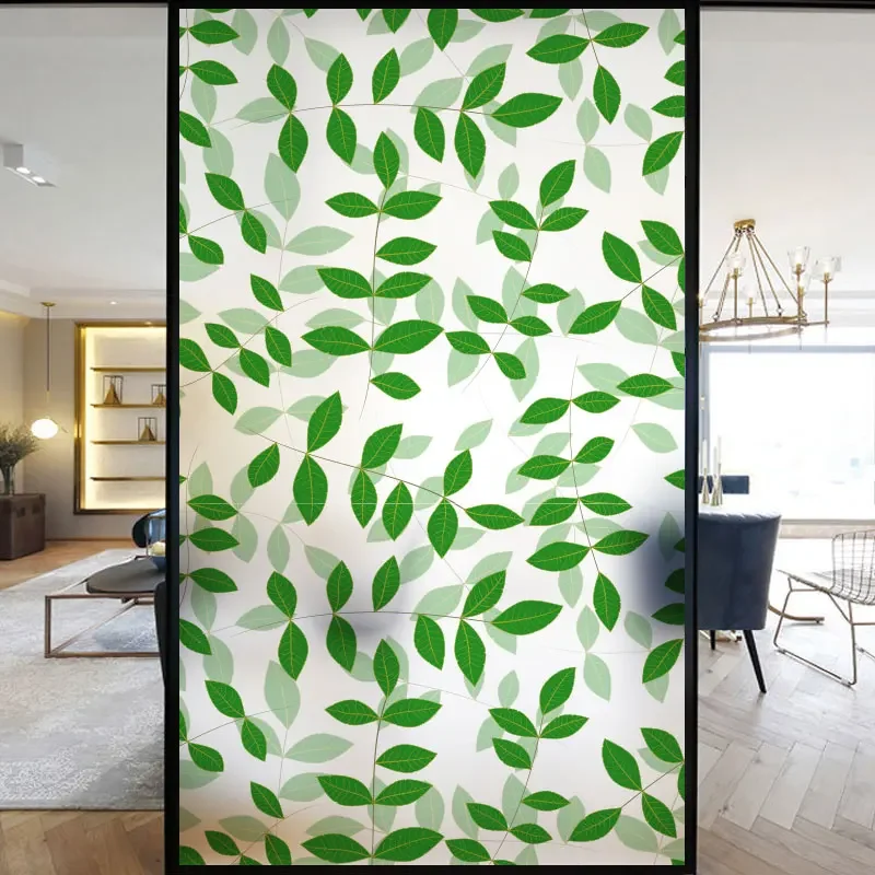 Static Cling Privacy Windows Film Decorative Lush Green Leaves Glass Window Stickers   Frosted Window Film