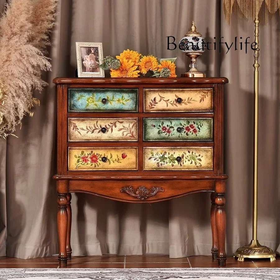 Nl Rural Entrance Cabinet Solid Wood Living Room Home Storage Hand-painted Storage Bedroom Living Room Dining Side Cabinet