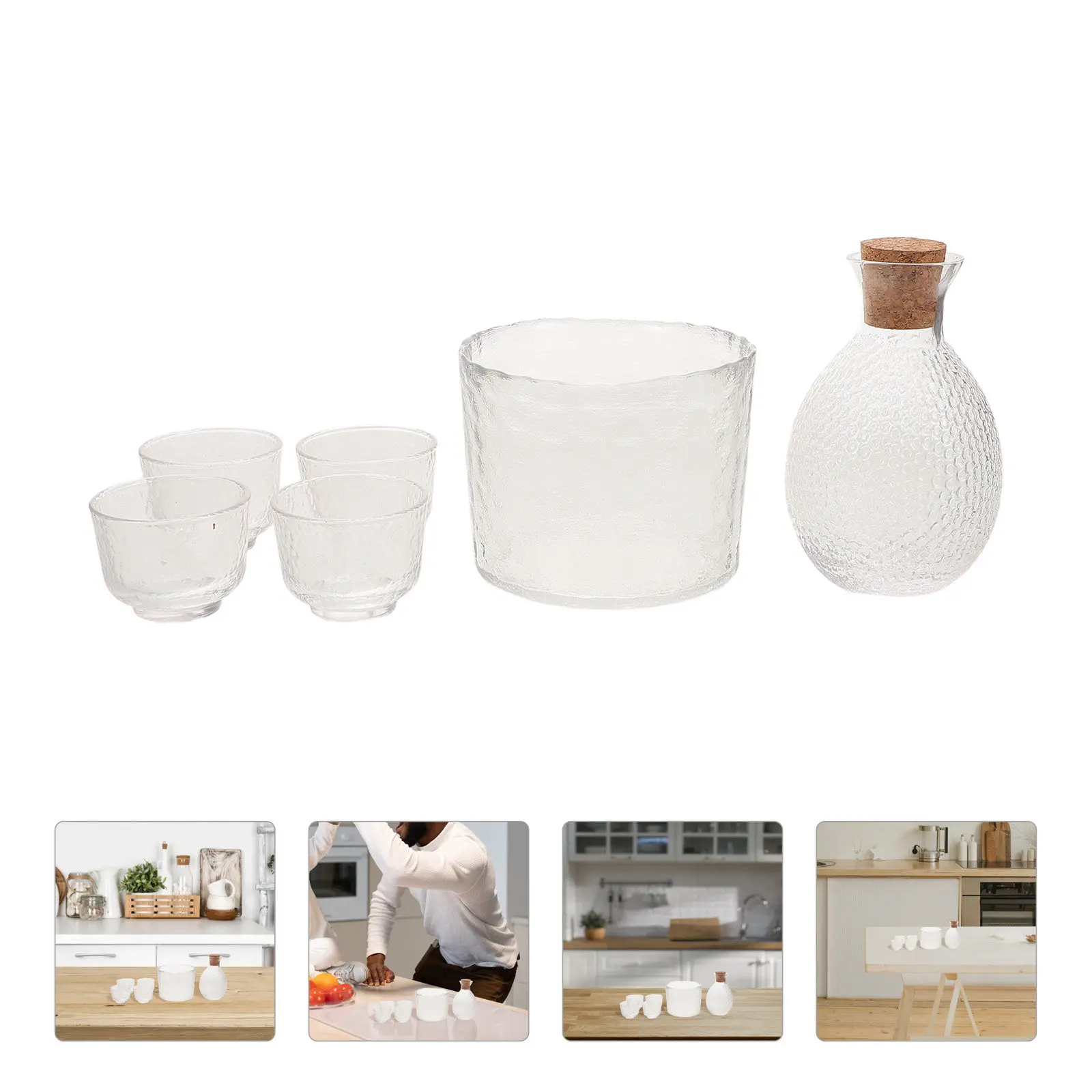 

6Pcs Japanese Hammered Sake Set Includes Clear Glass Jug and Mugs Artistic Design for Daily Use Parties Gifts Sophisticated