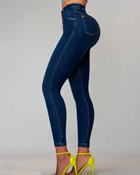 Frauen High Stretch Skinny Curved Jeans Dame hohe Taille Vintage lange Hosen schmale gerade Bein Wrap Hüften lässig Shaping Hose