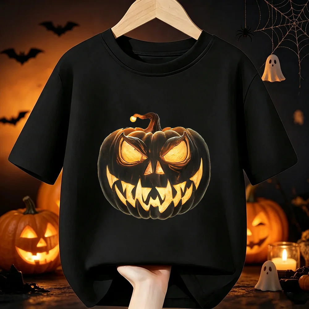Horror Light‑Up Pumpkin Face Printed Children's T‑Shirt Halloween Spooky Cotton Short Sleeve Boys Girls Holiday Party Clothes
