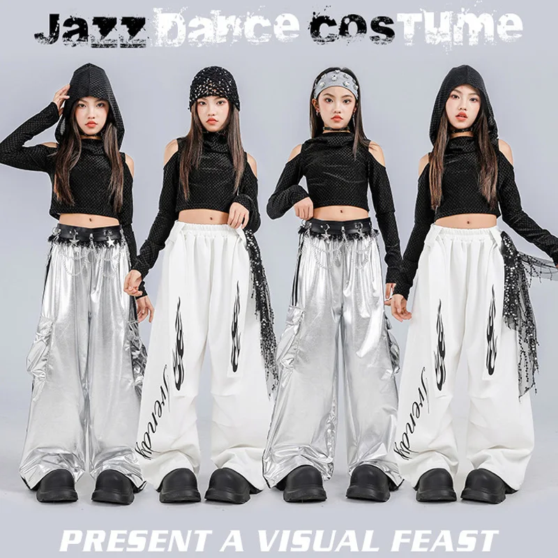 Ropa informal estilo Hip Hop para niñas, baile Kpop, Top negro con capucha, pantalones Cargo, conjunto de ropa de traje de baile de Jazz para niños
