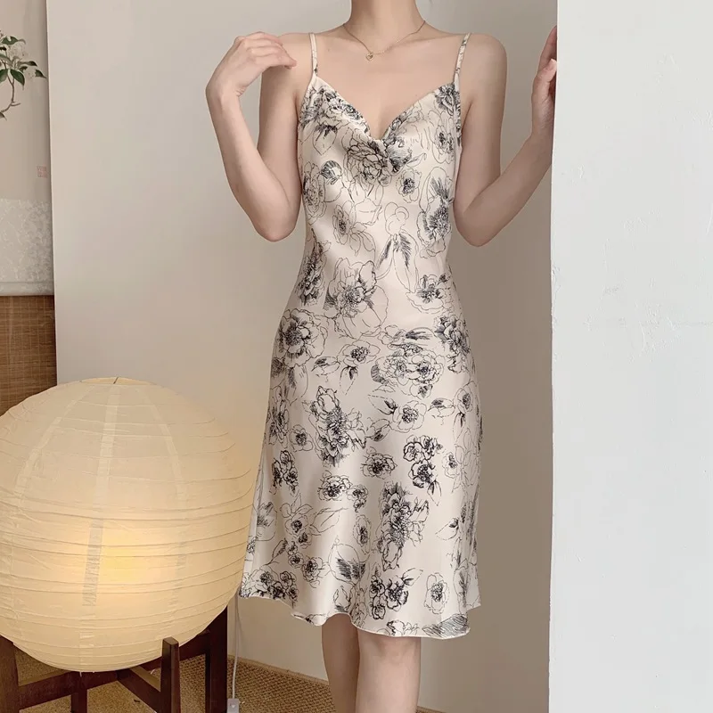 Summer Female Chemise Nightgown Sleepwear Sexy Print Flower Spaghetti Strap Nightdress Lingerie French Style Satin Home Wear