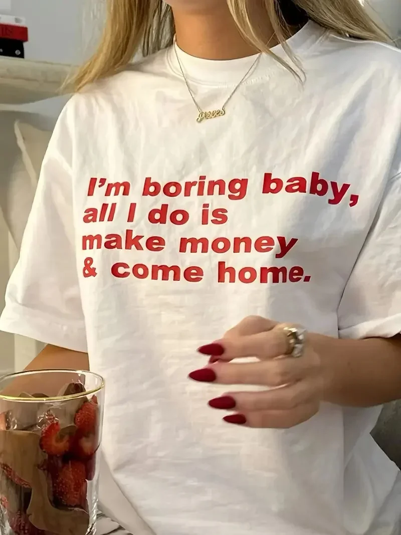Camiseta de Verano Casual para Mujer, 100% Algodón, Cuello Redondo, con Estampado de Letras Rojas, Manga Corta, Estilo Hip Hop