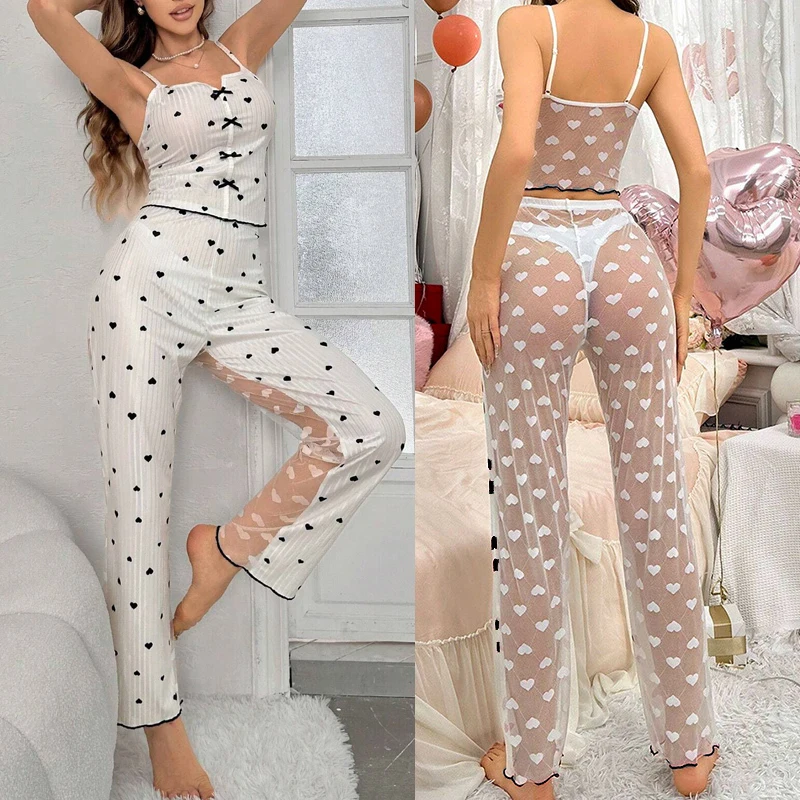 Sexy Women's Pajamas 2 Pieces Sheer Mesh Loungewear Sets Heart Print Cami Tops and Elastic Waist Pants Y2K Sleepwear