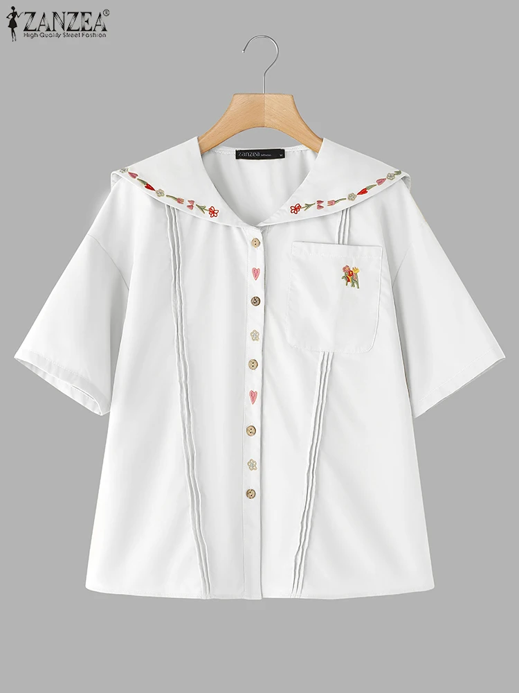 ZANZEA Vrouwen Shirts Bloemen Gedrukt Tops 2025 Bohemian Korte Mouw Sailor Kraag Blusas Losse Casual OL Werk Tuniek Vrouwelijke