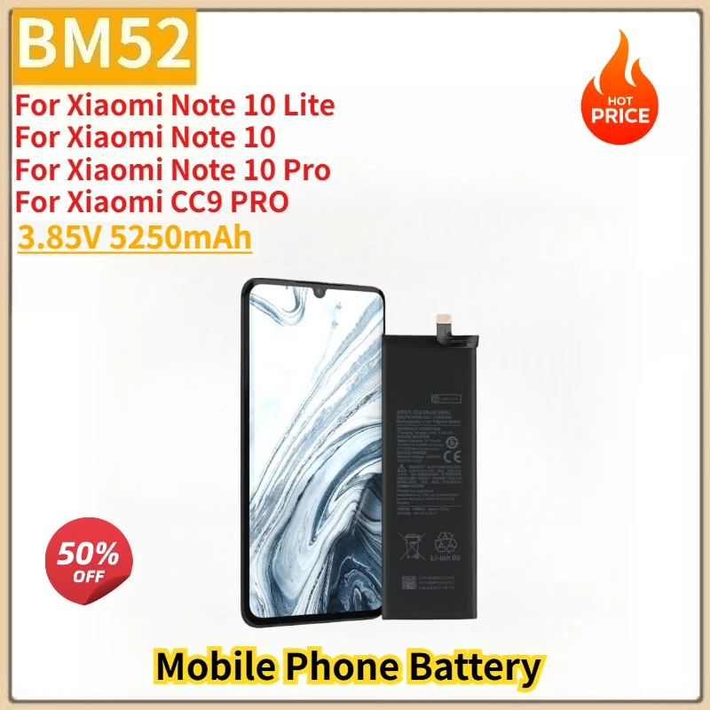 BM52 High Quality Phone Battery 3.85V 5250mAh For Xiaomi Mi Note 10 Lite/ Mi Note 10 Pro /CC9pro Brand New Replacement Battery