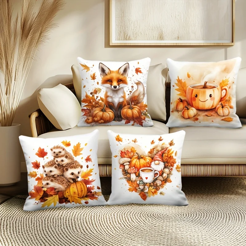 

1pc Autumn Animal Throw Pillow Covers Set, Fox Hedgehog & Pumpkin Design, Ideal Fall Festival Gift & Small Present