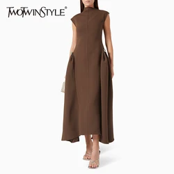 TWOTWINSTYLE Patchwork Folds Dresses For Women Asymmetrical Collar Sleeveless High Waist Solid A Line Dress Female Fashion 2024