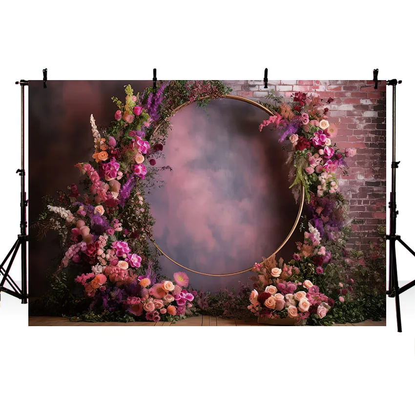 Mehofond Photography Background Round Purple Flowers Brick Wall Kids Birthday Party Wedding Portrait Decor Backdrop Photo Studio