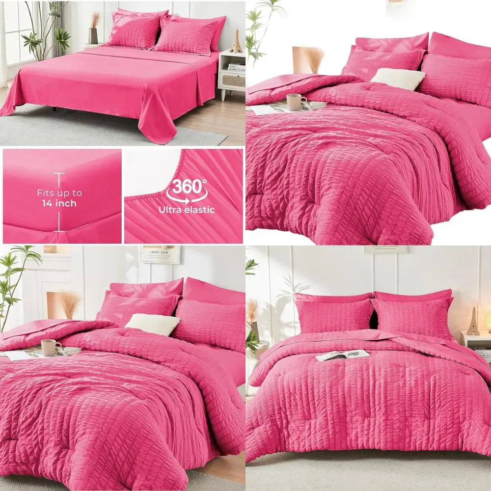 

Роскошный всесезонный комплект одеял королевского размера из 7 предметов в ярко-розовом хлопчатобумажной ткани, включая кровать в сумке с простынями, наволочками и S.