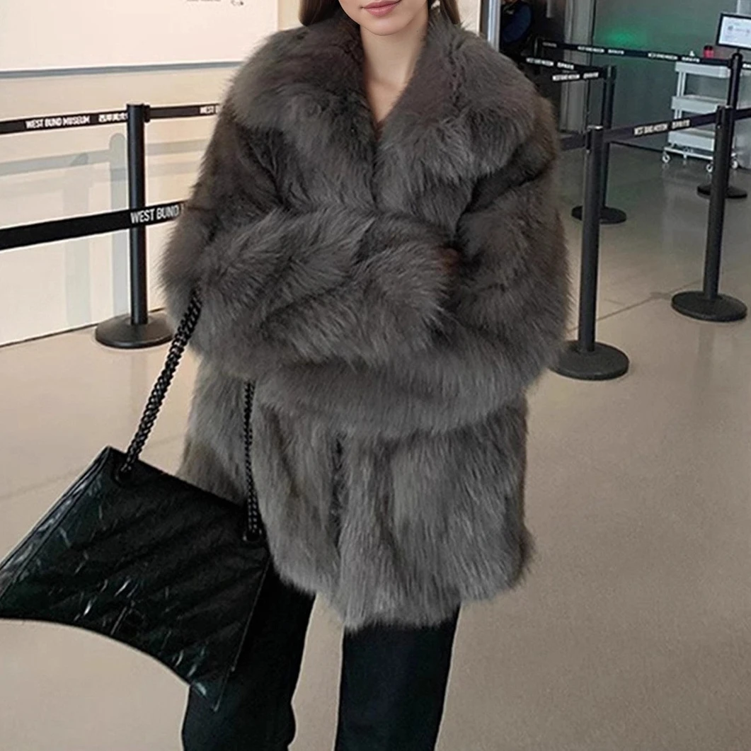 Women Faux Fox Fur Coats Solid Thick Jackets Turndown Collar Long Sleeve Covered Button Loose Elegant Casual 2025 Autumn Winter