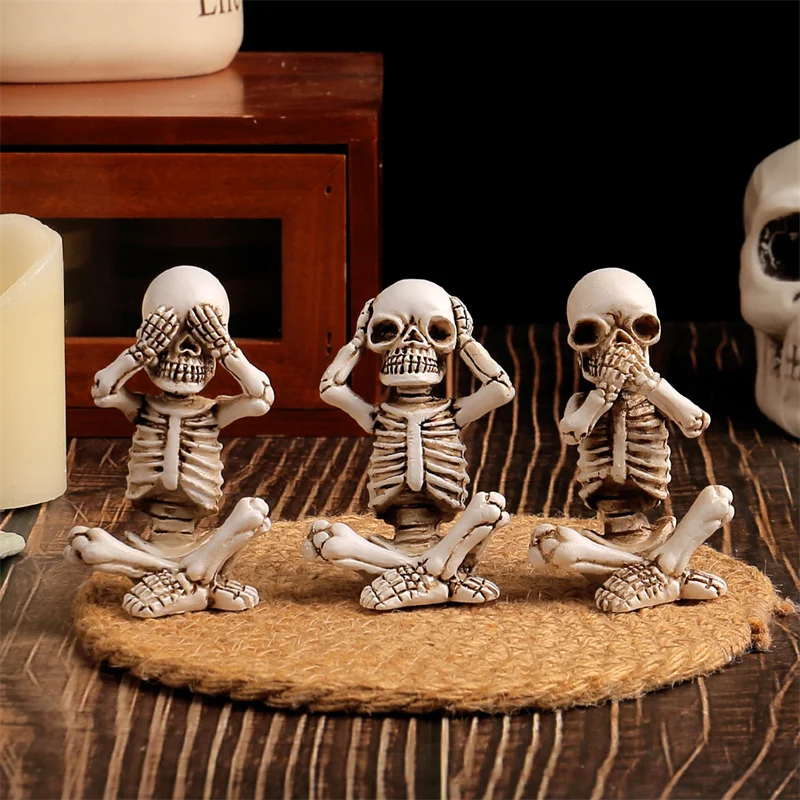 Skeletons Statue Hear See Speak No Halloween Figurines Home Decorative, Set Of Three