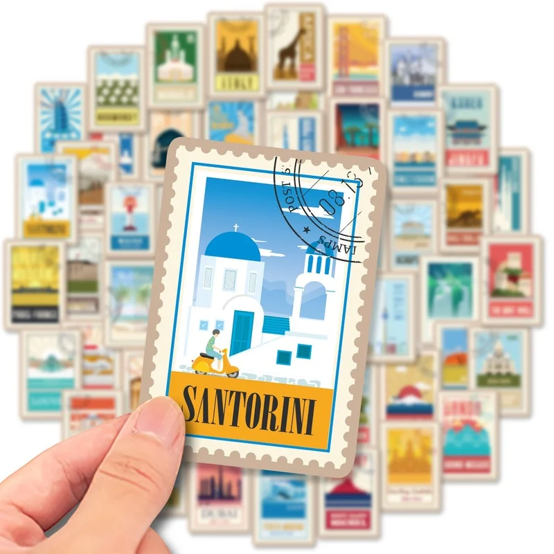 10/25/50pcs Vintage World Travel Landmark Stickers Post Stamp Style Vinyl Decals for Luggage Scrapbook Laptop Journaling Planner