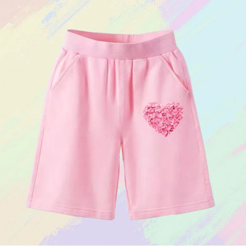 Girls Shorts Teenagers Flower Heart Print Bottom Kids Knee Length Five Pants Summer 3-14Years Children's Sport Trousers