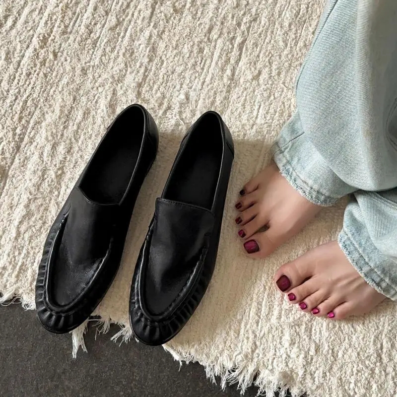 Maxdutti Minimally Lazy Retro Pleated Loafers Southern France Women's Shoes Commuting Flats British Leather Shoes Woman Shoes
