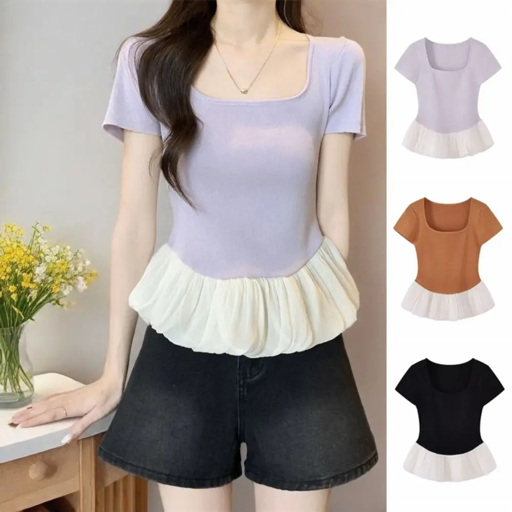 

Short Sleeve Summer Knitted T-Shirt Slim Fit Patchwork Sweet Crop Tops Korean Style U-neck Mesh Ruffle T-Shirt Streetwear