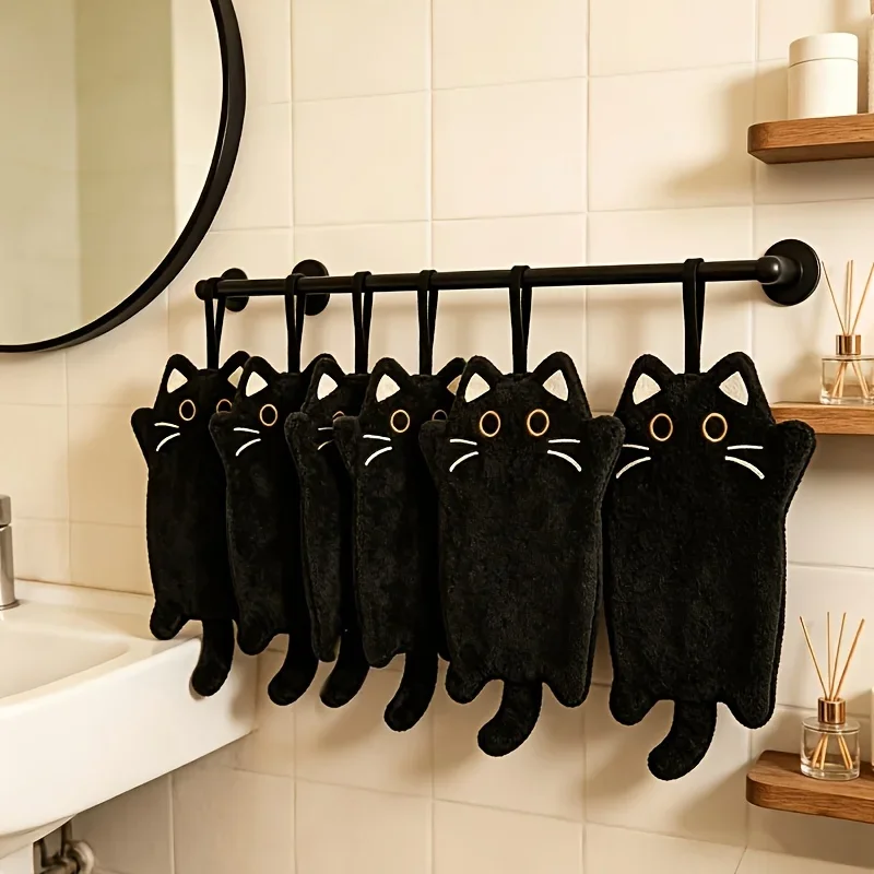 6pcs Cute Black Cat Hanging Style Hand Towels, Made of Thick And Skin-Friendly Material, Water Without Leaving Water Stains