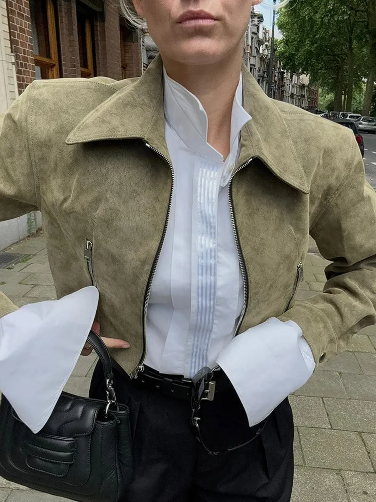 Chic Women Solid Suede Short Jacket Elegant Lapel Long Sleeves Zipper Cropped Coats Spring Autumn Lady Commuting Street Outwears