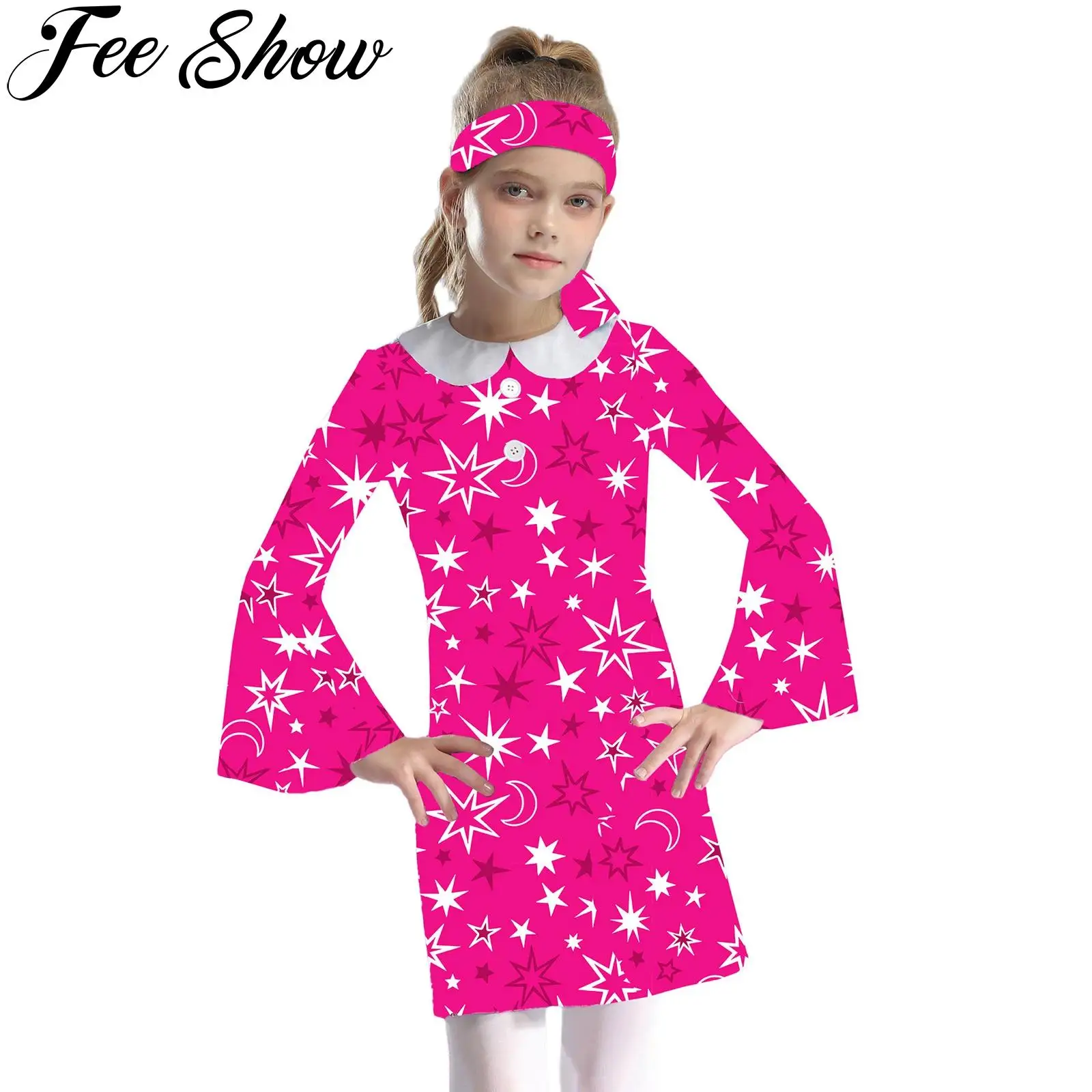 Kids Girls 70s Retro Hippie Dress Flare Sleeve Printed Dress with Headband Halloween Carnival Music Festival Disco Dance Costume