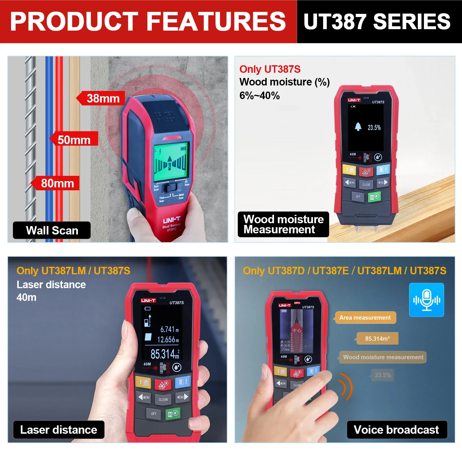 UNI-T Wall Scanner Metal Detector UT387C/D/E/LM/S 4 in 1 Digital Wood Stud Finder LCD HD Display Buzzer Cable Scanners