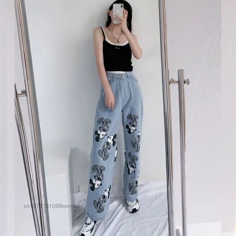 Disney Cute Trendy Cartoon Print Mickey Mouse Jeans for Women New Couple Casual Wide Leg Denim Pants Autumn Trousers Clothes