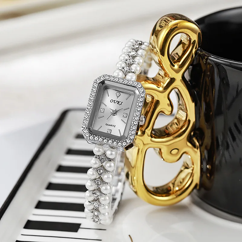 KAIRIS Women's Quartz Watch Gold Tone Pearl Bracelet Square Dial Rhinestone Bezel Elegant Fashion Wristwatch
